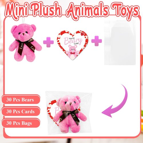 Haayeicai 30 Pack Valentine Day Mini Plush Animals Toys,Valentine's Day Gifts for Kids,Cute Stuffed Animals Toys with Heart Cards for Kids,School Prizes,Valentine's Day Party Supplies