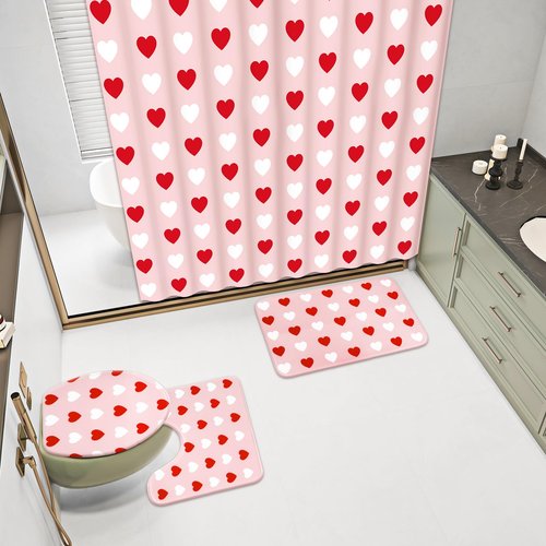 JarThenaAMCS 4Pcs Valentine's Day Bathroom Set Pink Red White Heart Non-Slip Bath Mat U-Shaped Toilet Rug Toilet Lid Cover Shower Curtain with Hooks for Home Hotel Accessories Decoration