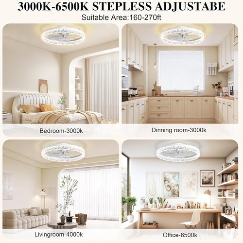 DIAMONDFORGE Ceiling Fans with Lights and Remote Fandelier - 20" Flush Mount Low Profile Modern Ceiling Fans for Bedroom - Stepless Color Temperature and 6 Speeds, White Irregular Crystal
