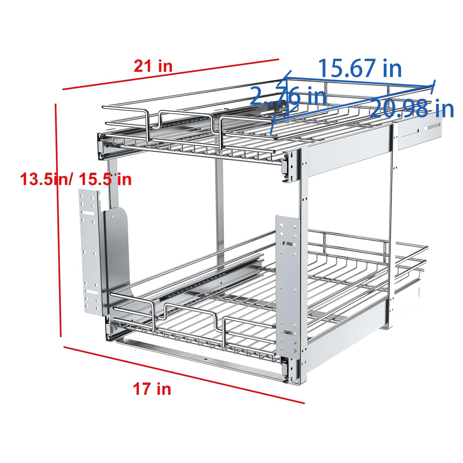 2 Tier Pull Out Cabinet Organizer, 17" W x 21" D Heavy-Duty Metal Sliding Drawer Shelf for Kitchen Cabinets, Chrome, Doesn't Include Door Fittings