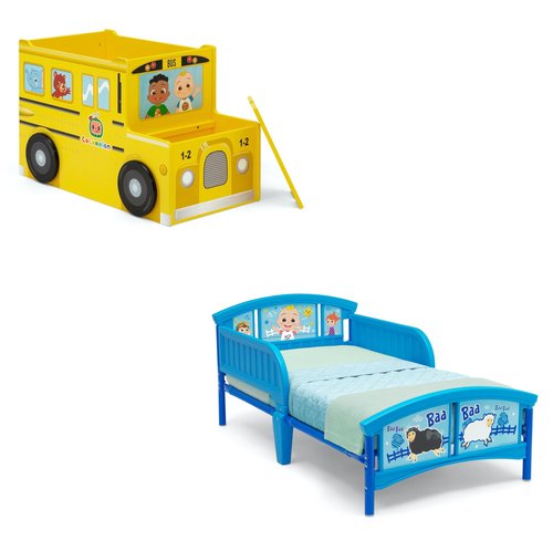 Delta Children CoComelon School Bus Toy Box + Delta Children CoComelon Plastic Toddler Bed (Bundle)