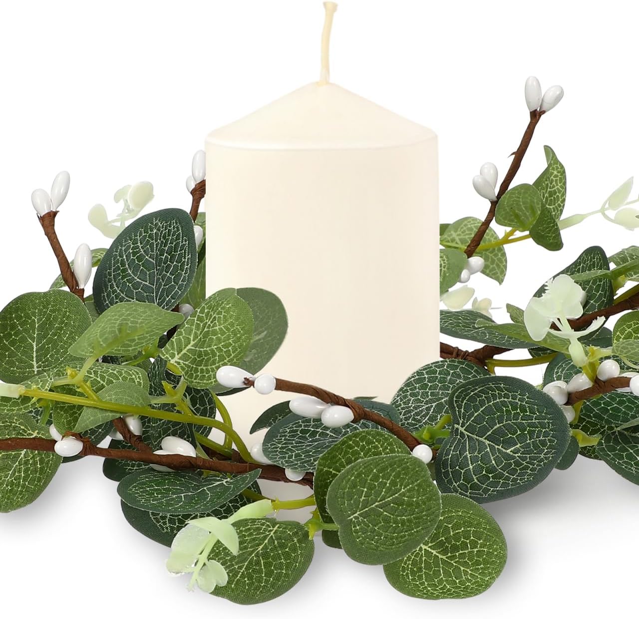 Zerodeko Easter Candle Ring Set - Eucalyptus Leaves Wreath Pillar Holders | 8cm Table Decor