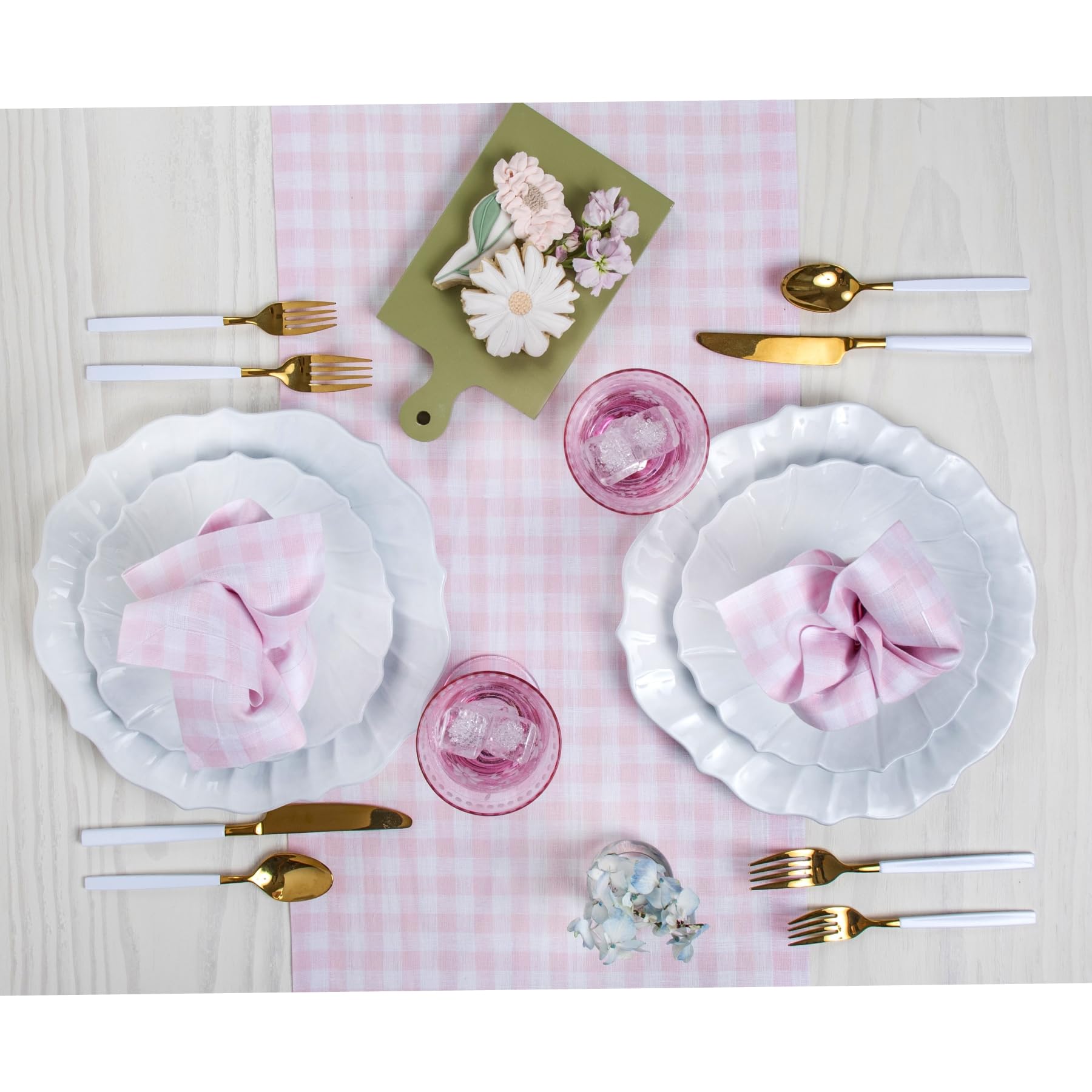 Solino Home Linen Gingham Table Runner 132 Inches Long - 100% Pure Linen Marshmellow Pink Checkered Table Runner 14 x 132 Inch Ideal for Dining, Mothers Day, Spring, Summer