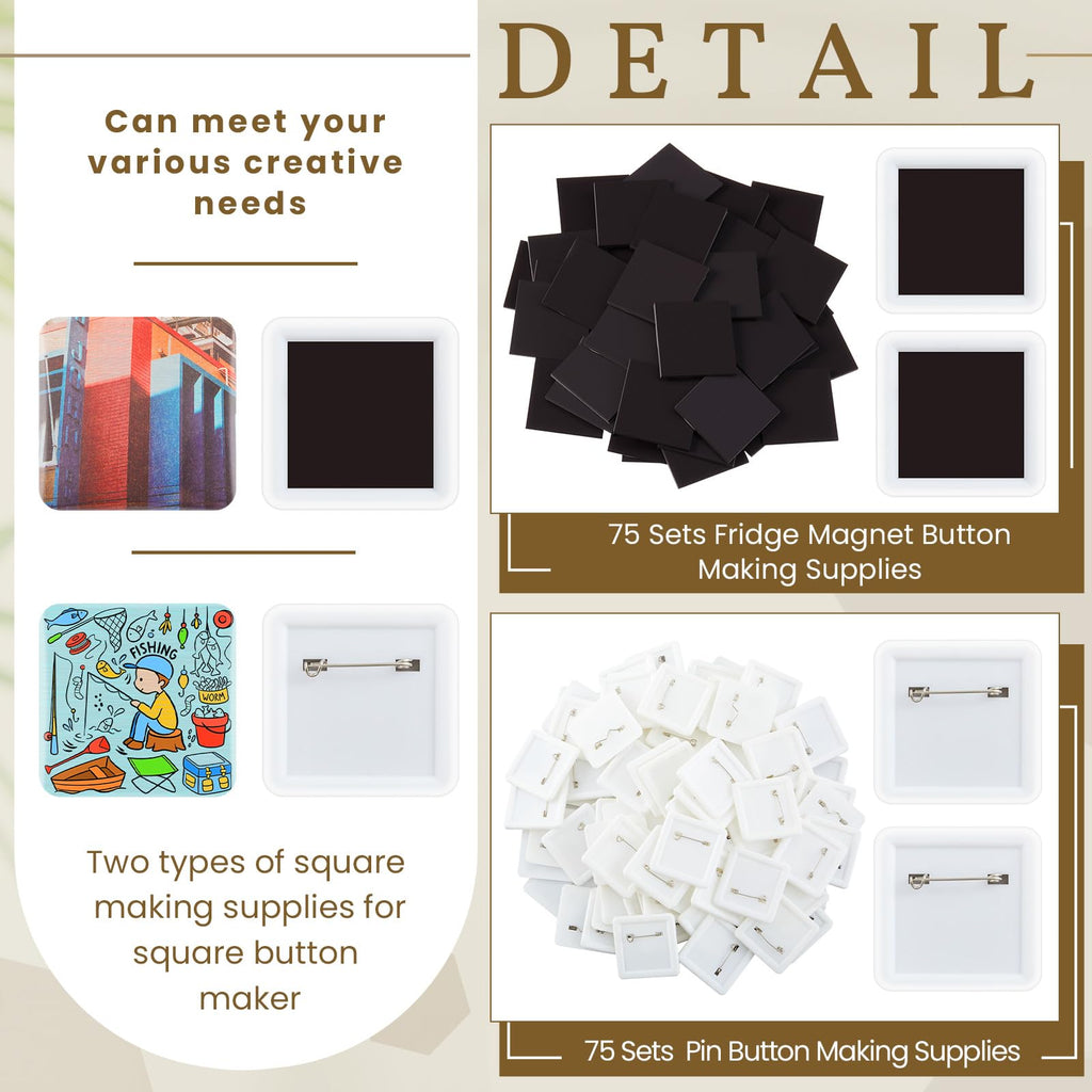 Wavwavw 150 Sets 50mm/1.97 Inch Square Button Maker Supplies, 75 Pcs Blank Fridge Magnet Badge Parts and 75 Pcs Pin-Back Badge Parts Press for Square Button Maker Machine, DIY Gift Crafts
