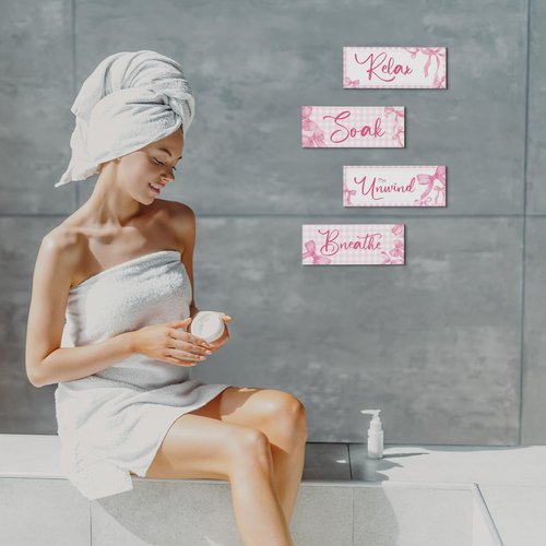Yousoontic 4Pcs Coquette Pink Bow Wall Decor Aesthetic Pink Bow Bathroom Bedroom Wall Art Relax Soak Unwind Breathe Party Wood Hanging Sign Set for Home Laundry Spa Room