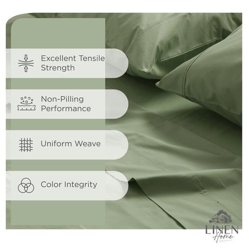 Linen Home 100% Cotton Percale Sheets Queen Size, Oil Green, Deep Pocket, 4 Pieces Set - 1 Flat, 1 Deep Pocket Fitted Sheet and 2 Pillowcases, Crisp Cool and Strong Bed Linen