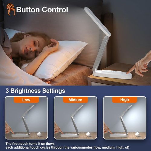 Giryuhd LED Desk Lamp - Rechargeable & Portable Light with 3 Brightness Levels | Ideal for Home & Office (White)