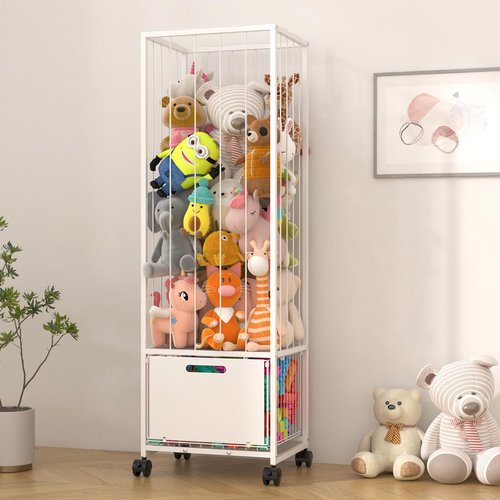 Bukfen Metal Stuffed Animal Storage Zoo Organizer, Extra Large Plush Toy Holder with Adjustable Elastic Cords & 4 Wheels, Vertical Space-Saving for Kids Nursery Playroom Bedroom, White