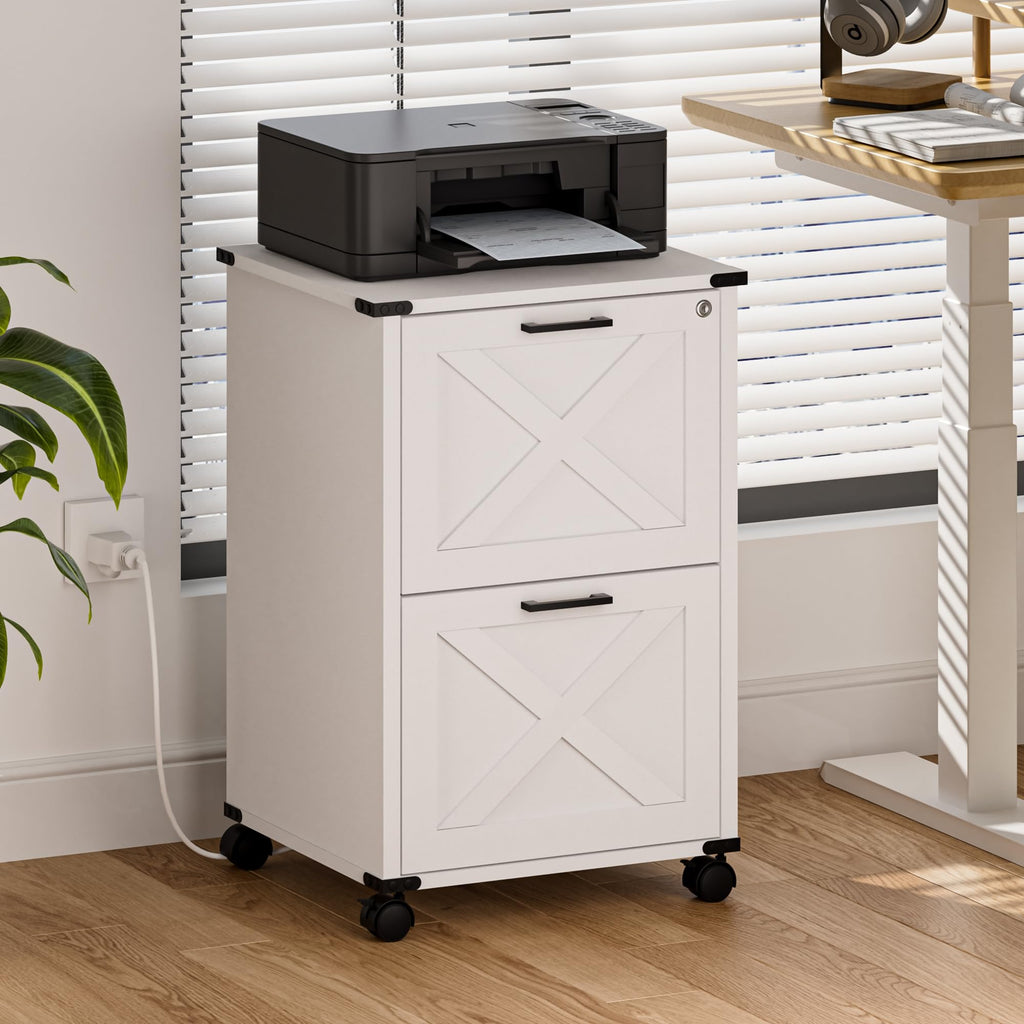 Onelike Small Wood File Cabinet with Lock, Nightstand with Charging Station, 2 Drawer Under Desk Lateral Filing Cabinets for Home Office, Printer Stand with Storage, White