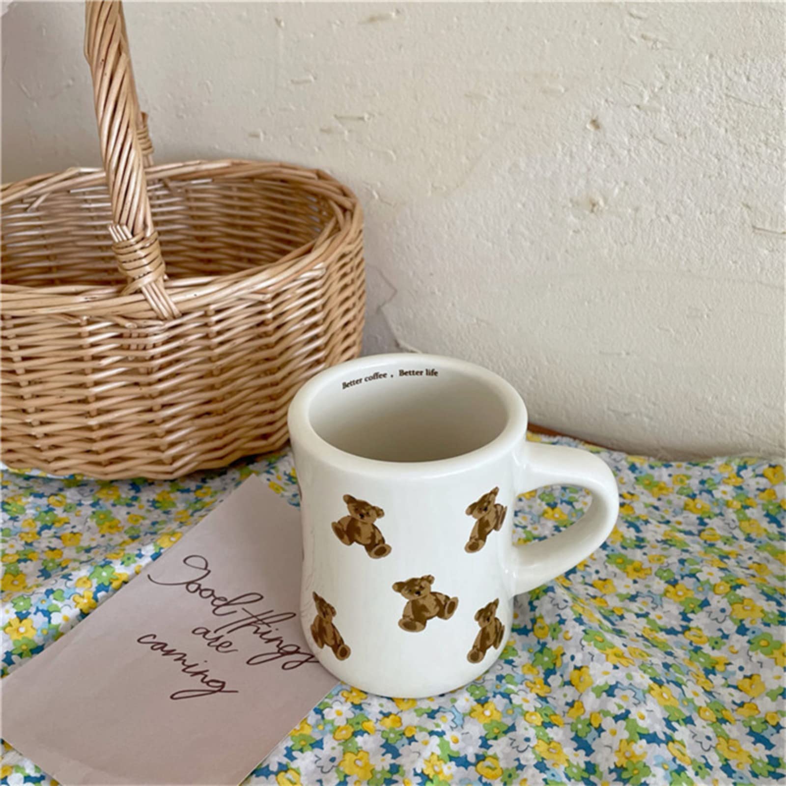 Heardbeli Women Girls Creamy White Cartoon Bear Mugs Ceramic Coffee Mug Water Cup 350ML/12OZ. Cute Funny Novelty Gift