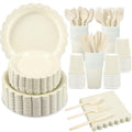 Xiangqu 350 Pcs Ivory Dinnerware Sets, 9" Party Plates, 7" Cream Dessert Plate, 9oz Cups & Cutlery, 50 Guest Beige Scalloped Disposable Plates Set for Baby Bridal Shower, Wedding, Birthday