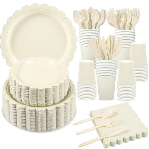 Xiangqu 350 Pcs Ivory Dinnerware Sets, 9" Party Plates, 7" Cream Dessert Plate, 9oz Cups & Cutlery, 50 Guest Beige Scalloped Disposable Plates Set for Baby Bridal Shower, Wedding, Birthday