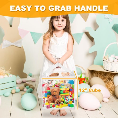 EVELOMO 4 Pack Clear Toy Storage Bins with Lids - 12" x 12" Storage Cube Bins, Foldable PVC Boxes with Handles, Storage Organizers for Toys, Clothes, Blocks, Stuffed Animal Storage(White)
