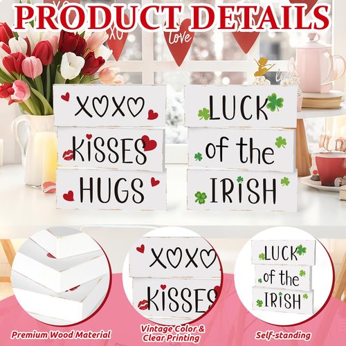 3Pcs Valentine's Day Decoration Reversible Wooden Table Centerpiece Blocks Double Sided Printing Valentine Day Hugs and Kisses Sign St Patrick's Wood Tabletop for Tiered Tray Shelf Office Desk Home Indoor