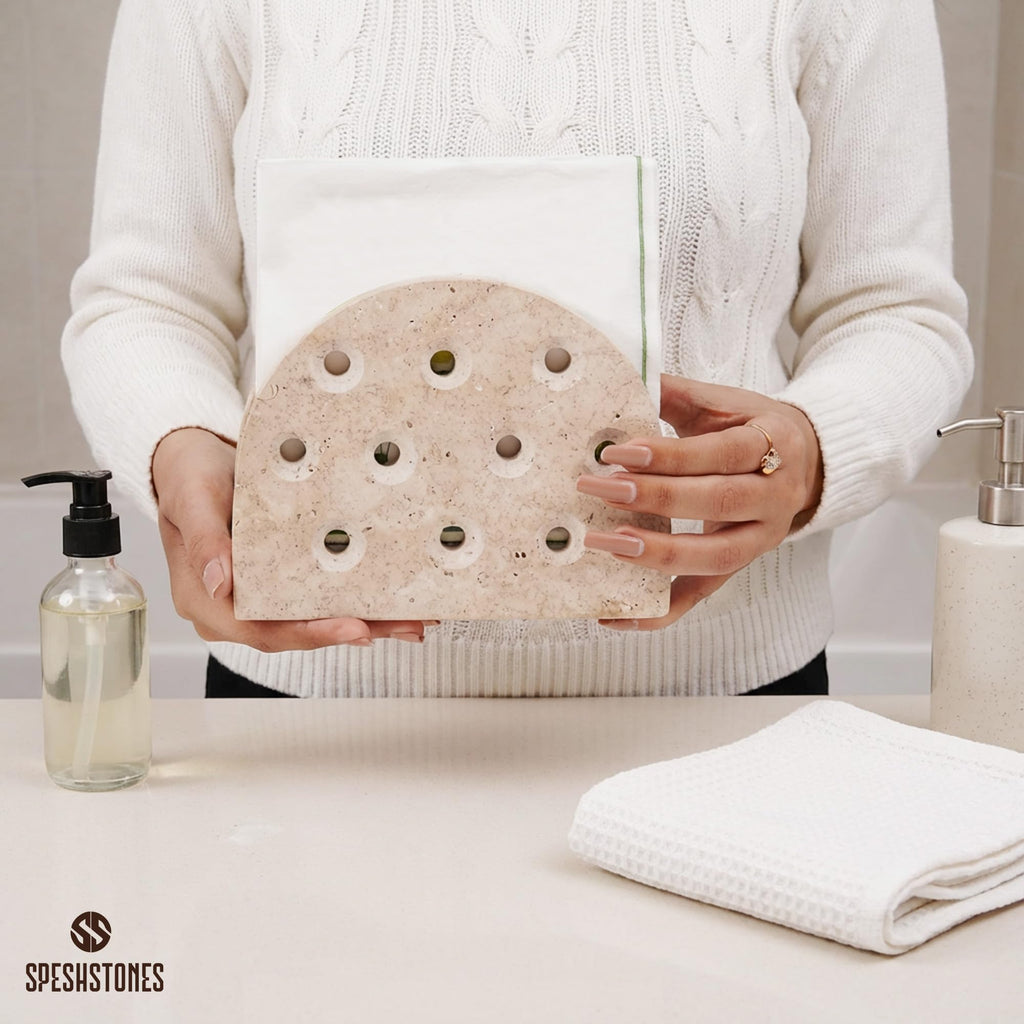 SPESHSTONES Marble Napkin Holder for Table 6.5 Inches Handmade Travertine Paper Napkin Holders for Napkins Everyday - Modern Cocktail Napkin & Tissue Holder for Kitchen Countertop and Bathroom Decor