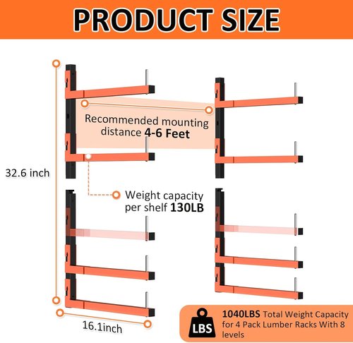4 Pack Lumber Storage Rack - Heavy Duty Wall Mount Adjustable Rack Holds Up to 1040 Lbs | Ideal for Garage & Workshop