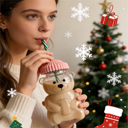 Child interest 2026 New Pink Bear Straw Cup, 20oz Cute Bear Glass Tumbler with Reusable Straw - Viral Animal Design for Smoothies, Boba & Iced Coffee