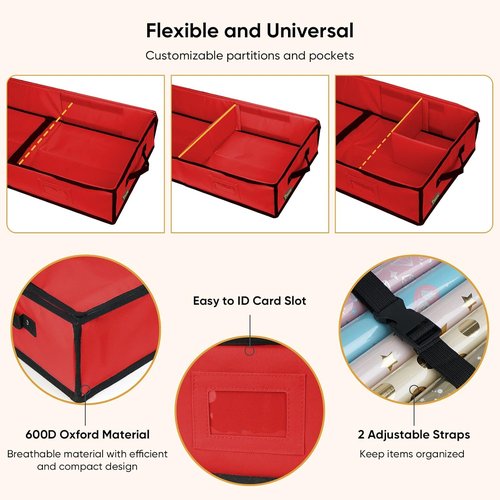 BALEINE Gift Wrap Storage Organizer - 40" Durable 600D Oxford Fabric Bag with Flexible Partitions | Red