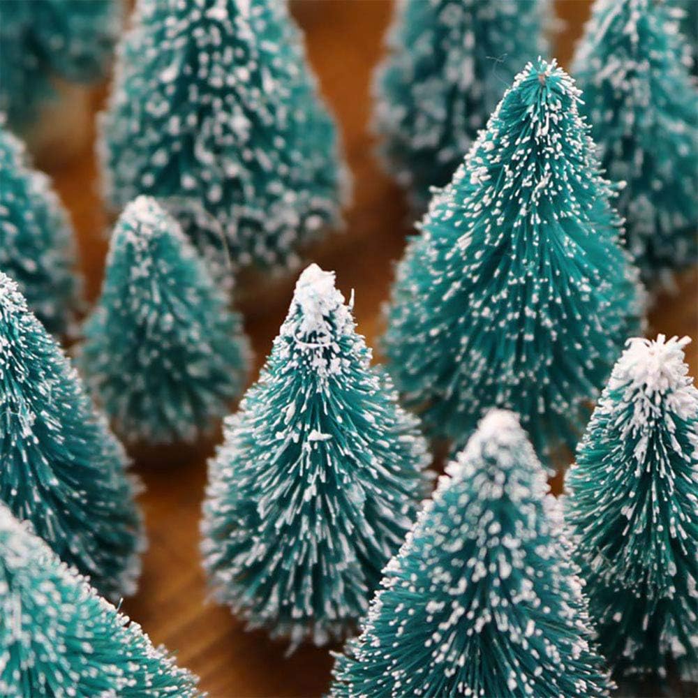 Skiennix Mini Bottle Brush Christmas Trees - 24 Pack with Wood Base | Artificial Winter Decor (Blue-Green)