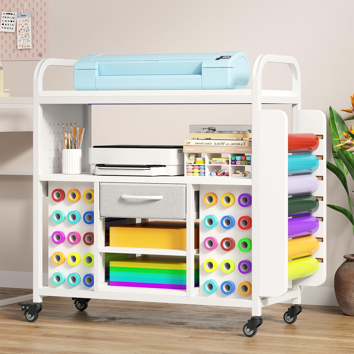 Skiennix Craft Organization Cart - Rolling Storage Table with Vinyl Roll Holder & Drawer - Large, Versatile Design