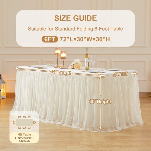 Wish Care 4 Pack Light Champagne Tulle Tablecloth for 6 Foot Rectangle Tables Ruffle Stretch Fitted Table Cloth Tutu Skirt Wrinkle Free Table Cover for Party Wedding Birthday Banquet Cake Tables Decor