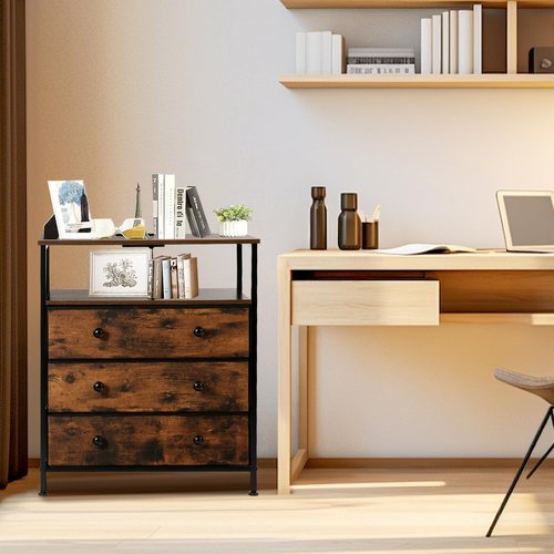 PATAVOT 3 Drawers Dresser with Charging Station, 24 Inch Wide LED Night Stand with Adjustable Fabric Drawer, Nightstand with Storage Shelf for Living Room/Bedroom/Office, Rustic Brown.