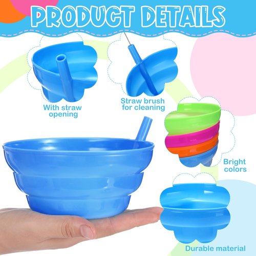 LemonRoad 20 Pcs/8 Set Cereal Bowls with Straws Colorful 16 oz Bowls and 10 oz Cups Both with Built in Straw Includes Cleaning Brushes Reusable Dishwasher for Milk Soup(Round)