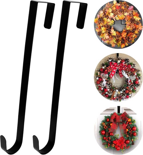Btmooz Wreath Hangers - 2 Pack Over The Door Hooks | 12" Black Metal for Holiday Decor & Signs