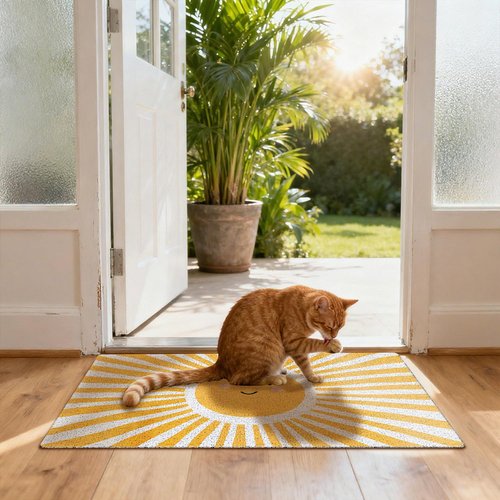 FWSFD Smiling Sun Boho Door Mat, Retro Yellow Sunshine Doormat Non-Slip for Porch Indoor Outside Entrance Entryway, Boho Welcome Mat Front Door, 17x30 Inch