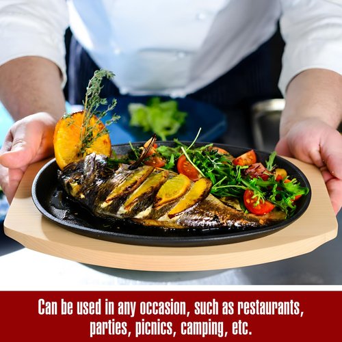6 Pieces Oval Cast Iron Fajita Skillet Pan Set Small Sizzling Steak Plate with Wooden Base and Handle Cast Iron Fajita Skillet Sizzling Plate for Home Valentine's Day(9.5 in x 5.5 in, Natural Wood)
