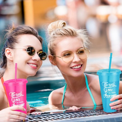 Sieral 96 Pcs Employees Appreciation Gifts Bulk Thank You Cups with Lids and Straws 24 oz Plastic Tumbler Travel Mugs Inspirational Gifts for Coworker Stuff Teacher (Stylish Color)