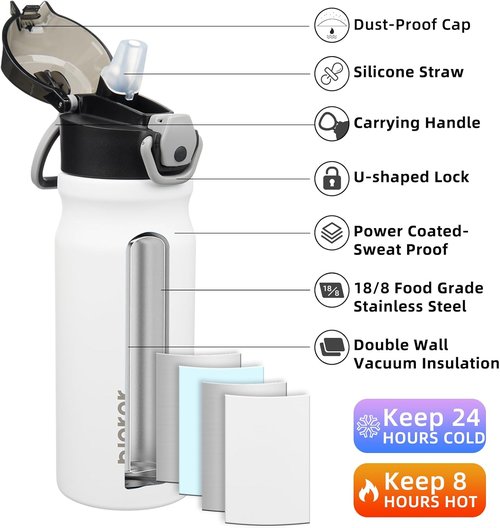 BJPKPK Insulated Water Bottle - 18oz Stainless Steel Flask with Straw, Leak-Proof Lid & Carry Handle | White