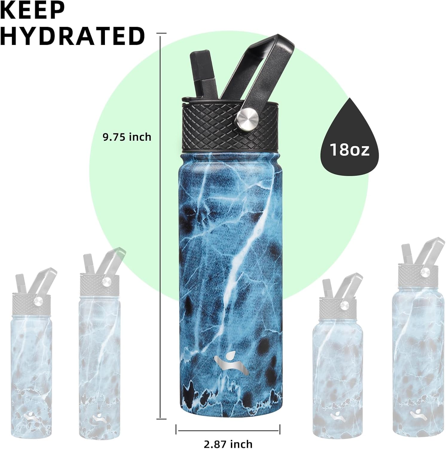 Skiennix 18 Oz Insulated Stainless Steel Water Bottle - Marble Ocean Design with 3 Lids