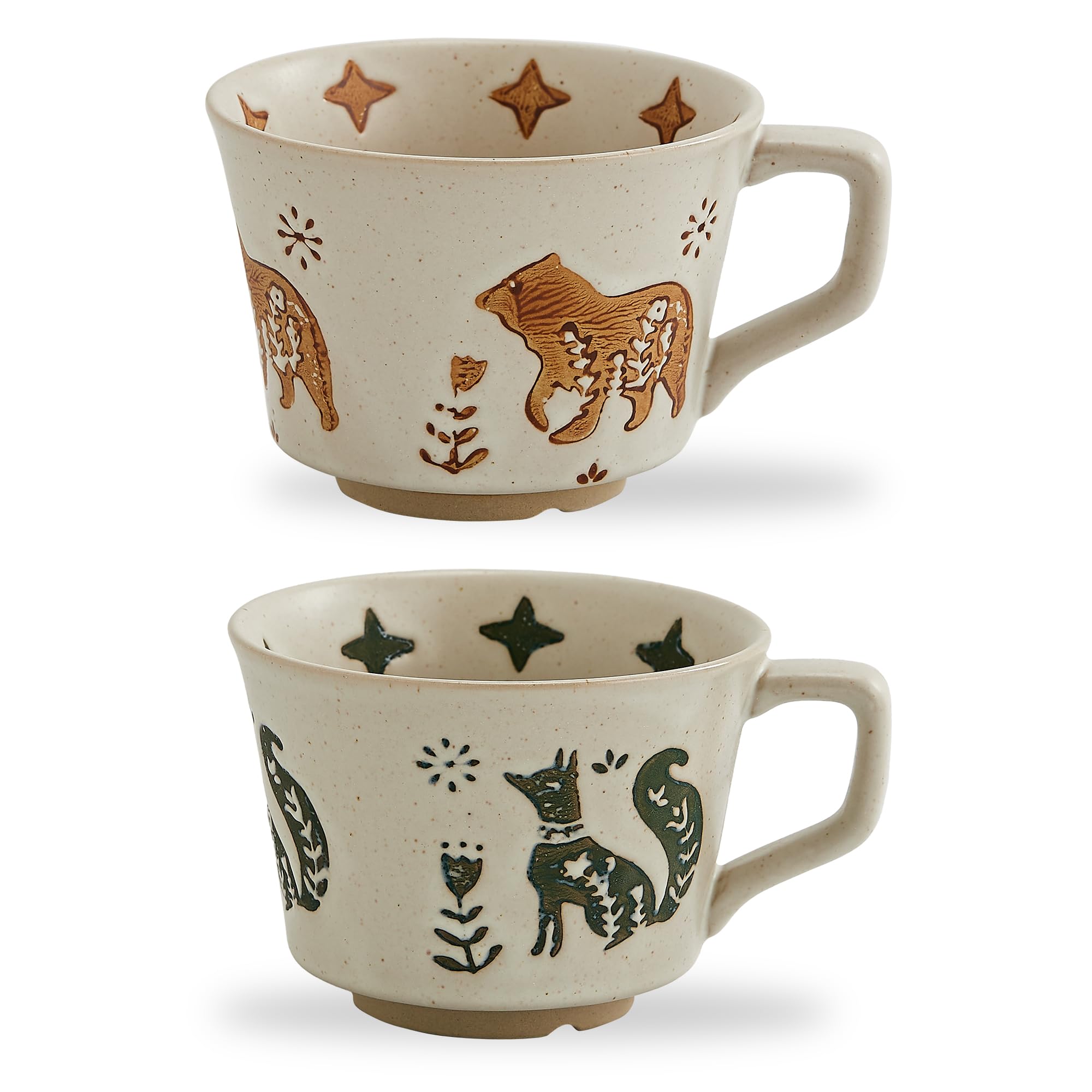 Swuut 12oz Vintage Ceramic Coffee Mug Set of 4 - Handmade Stoneware Pottery Countryside Farmhouse Fall Autumn Tea Mugs with Big Handle for Latte,Cocoa,Dishwasher & Microwave Safe Cups (Animals)