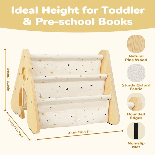 wooshwa Wooden Kids Bookshelf with Double Side, Montessori Book Shelf for Toddlers,4 Tier Sling Book Rack for Baby Nursery Room, Playroom, Classroom Bedroom (Terrazzo)