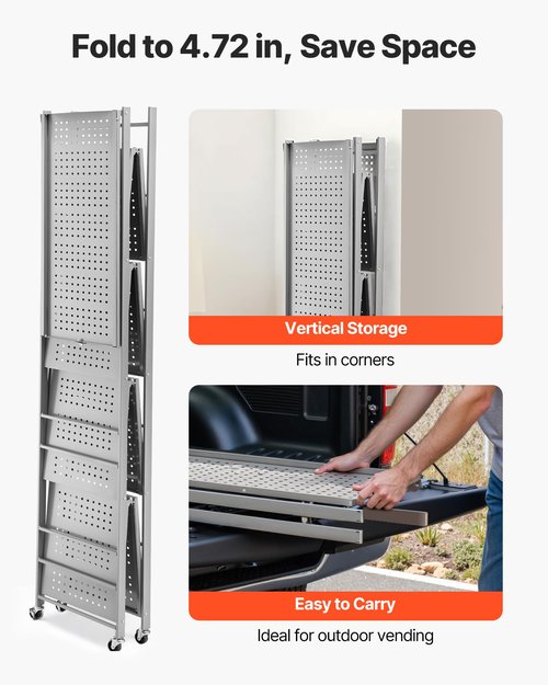 VEVOR 5-Tier Foldable Storage Shelf, 32W x 14D x 72H Inch Folding Metal Rack Shelving Unit, Heavy Duty No Assembly Organizer Shelf with 5 Wheels & 4 Hooks for Pantry, Kitchen, Garage, Basement, Grey