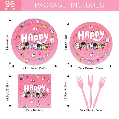 96Pcs Cartoon Pink Dog Tableware Set Disposable Dinnerware for Girls Birthday Party Bday Pink Decorations with Plates and Napkins Sets Serve 24 Guests
