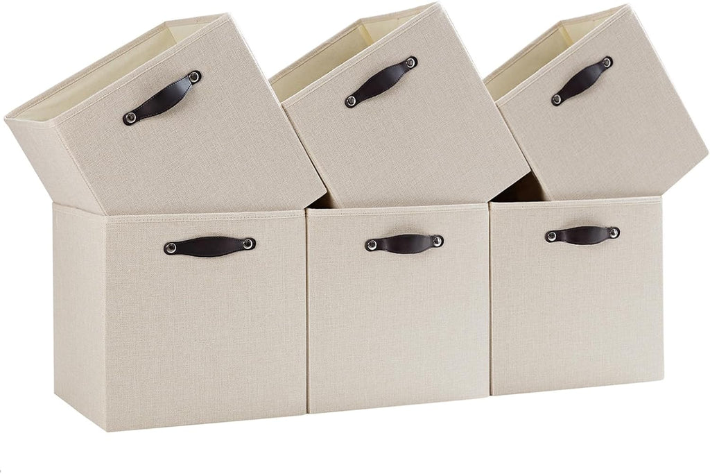 Storage Cube Bins - 6 Pack Fabric Organizer Baskets for Shelves & Closets | Beige 11x11 Inch