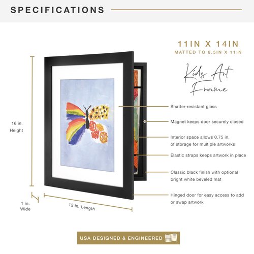 MCS Kids Art Frame 11x14 Matted with 8.5x11 Opening, Black Changeable Magnetic Picture Frame Kids Artwork Storage Display for Walls (1-Pack)