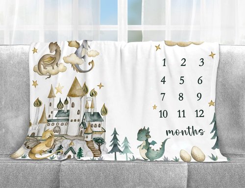 Yuzioey Dragon Milestone Blanket, Dragon Fairy Tale Baby Growth Chart Monthly Blanket, Watch Me Grow Dragon Baby Nursery for New Moms Baby Shower(50"x40")
