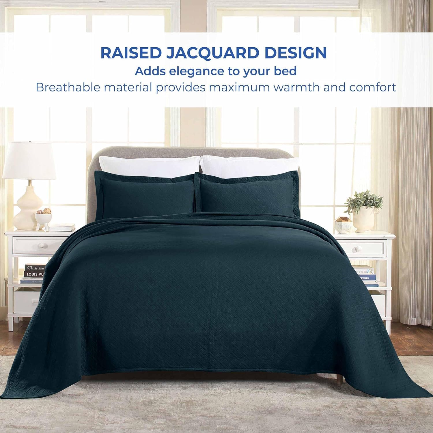 Superior Basketweave Cotton 2 Piece Bedspread Set, Home Bed Decor, Decorative Textured Bed Spread, 1 Pillow Sham, Airy Blanket, Matelasse Coverlet Bedding, Lattice Pattern, Twin, Deep Sea