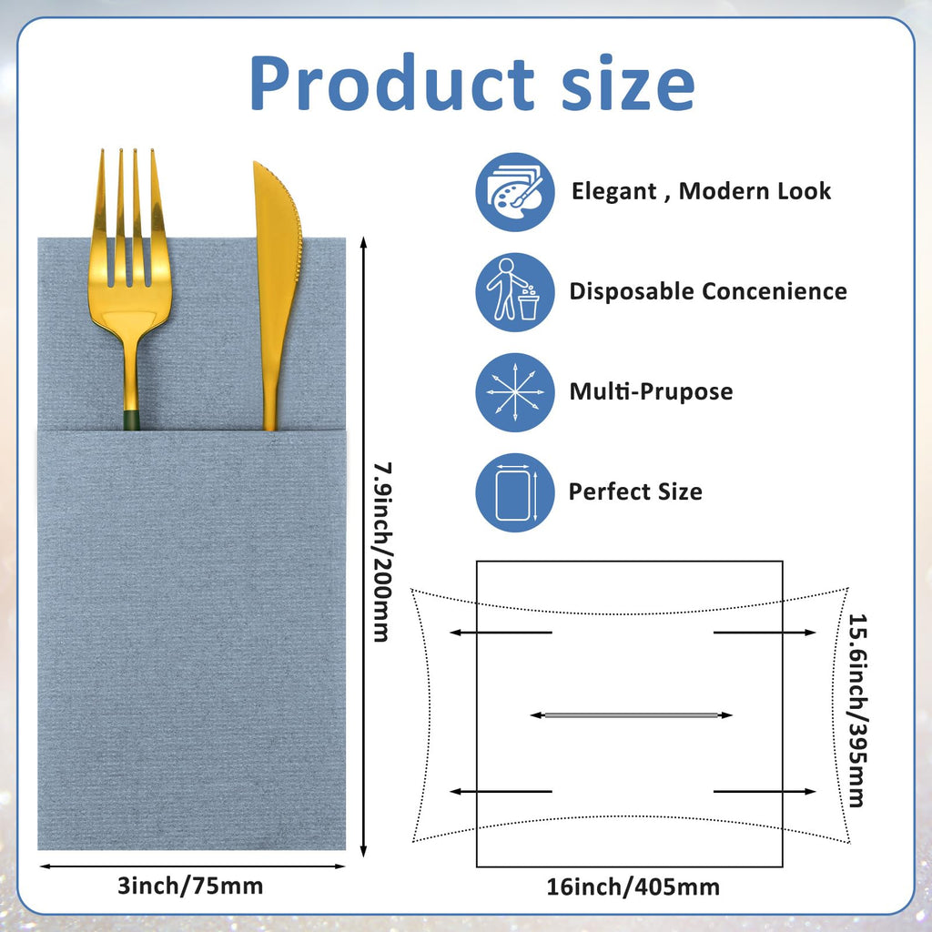 Qilery 150 Pieces Dusty Blue Linen Feel Napkins, Disposable Paper Napkins Prefolded Dinner Napkin with Built-in Flatware Pocket for Silverware Valentine Wedding Party Decoration