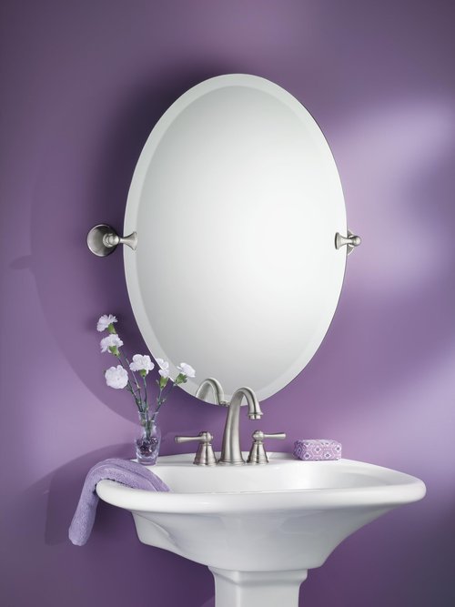 Moen Glenshire Brushed Nickel 26-Inch x 22-Inch Frameless Pivoting Bathroom Mirror, Oval Tilting Wall Mounted Setup, DN2692BN