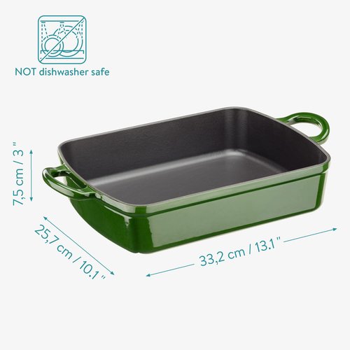 Navaris Cast Iron Casserole Dish - Enameled Oven Baking Pan - Large Enamel Coated Roasting Pan for Meat or Vegetable Casseroles, Lasagna Dish - Green