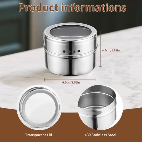 luqagol 12pcs Stainless Steel Spice Jars, Magnetic Condiment Tins Magnetic Spice Jar With Clear Lid And Holes Sift&Pour - Easy To Clean