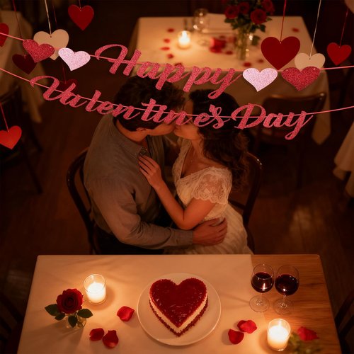 Glitter Happy Valentine's Day Banner with Hearts - Festive Valentine's Decor for Home, Party, Classroom - Red & Pink Romantic Sign for Valentine’s Holiday Decoration