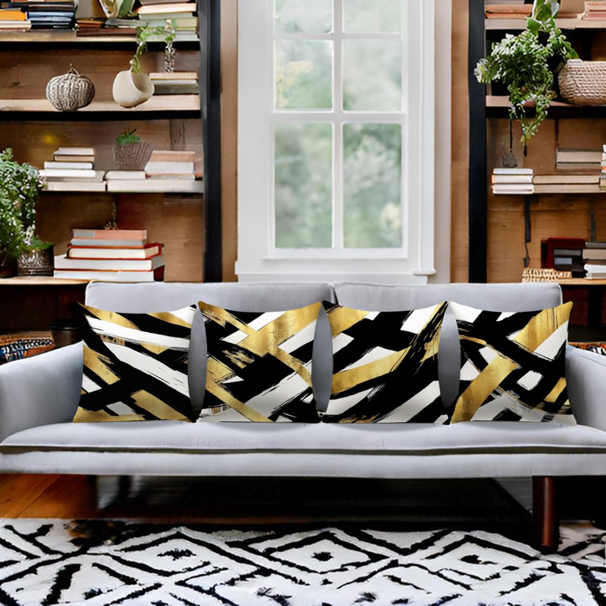 YAJTJX Black and Gold Pillow Covers Set of 4,18 x 18 inch Pillow Covers,Abstract Geometric Stripe Throw Pillows for Home Living Room Decor Sofa Couch Bedroom Pillow Cases
