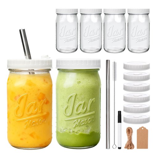 Mapoxy 6-Pack Mason Jars Cups with Plastic Lids & Straws, 32oz Wide Mouth Glass Cups with Leak-proof Plastic Lids, Reusable Drinking Jars for Juices, Smoothies, Iced Coffee & Food Storage