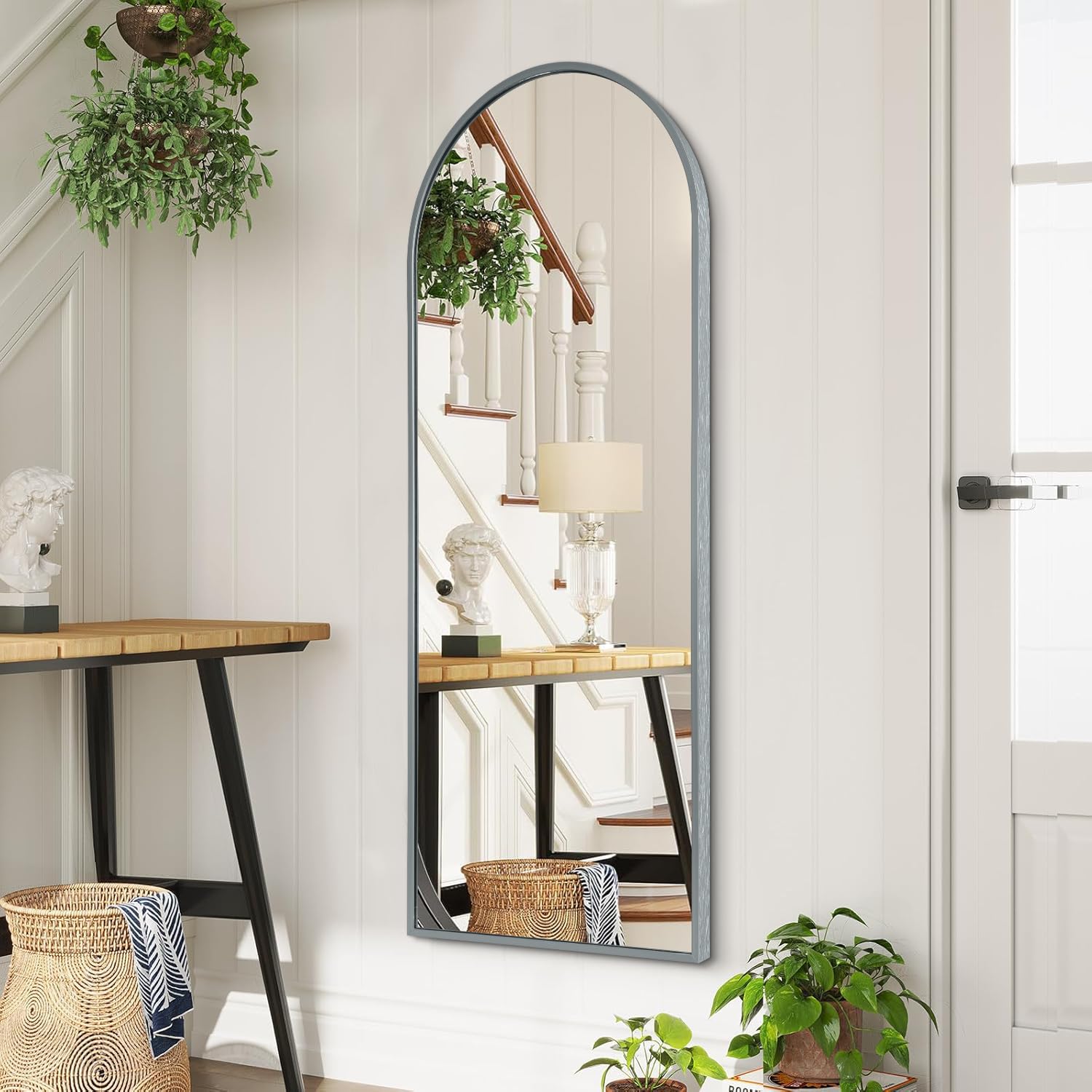 HLFMVWE Arch Full Length Wall Mirror, 48"x16" Arched Wall Mounted Mirror, Metal Aluminum Frame Modern Simple Home Decor, Leaning Against Wall Mirror for Bedroom Living Room Cloakroom Gray