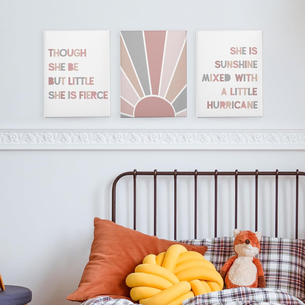 PHAMTE Boho Girls Bedroom Wall Art Set - She Is Sunshine Canvas Prints | Framed Decor (11x14 Inch)